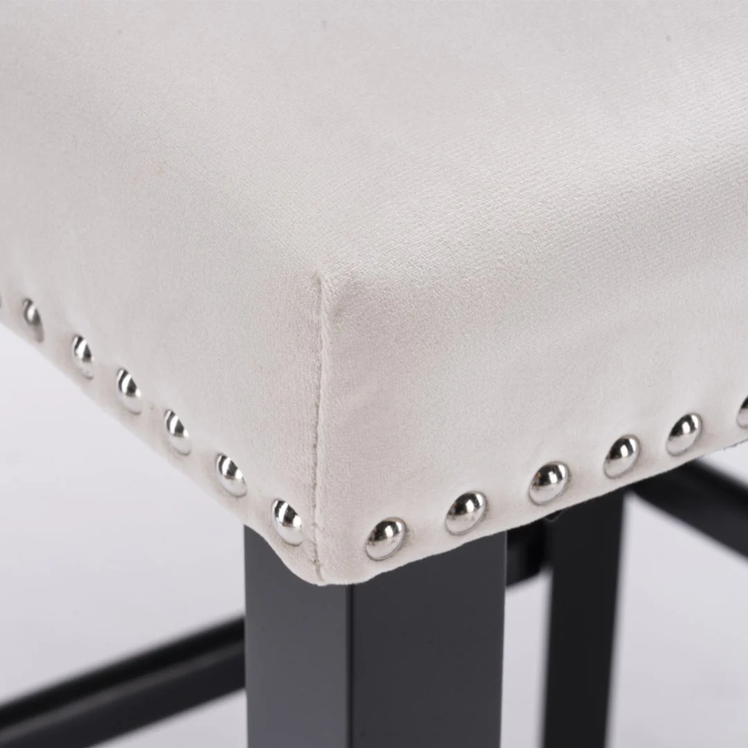 4x Velvet Upholstered Button Tufted Bar Stools with Wood Legs and Studs-Beige - Image 14
