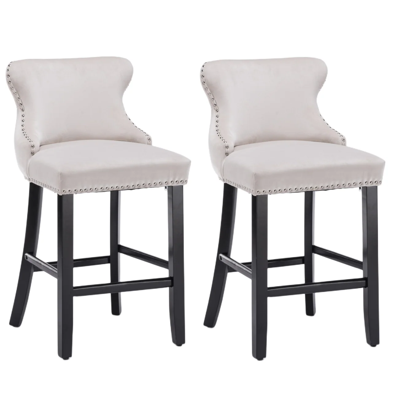4x Velvet Upholstered Button Tufted Bar Stools with Wood Legs and Studs-Beige - Image 2