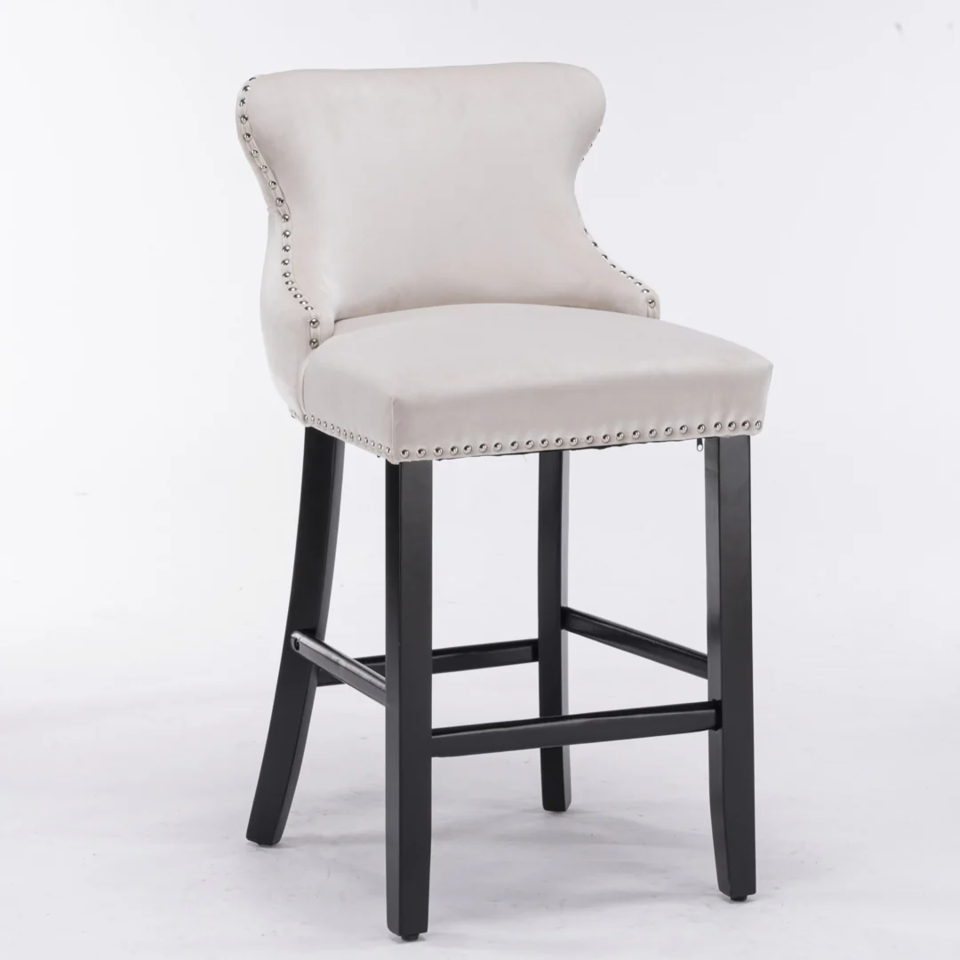 4x Velvet Upholstered Button Tufted Bar Stools with Wood Legs and Studs-Beige - Image 3