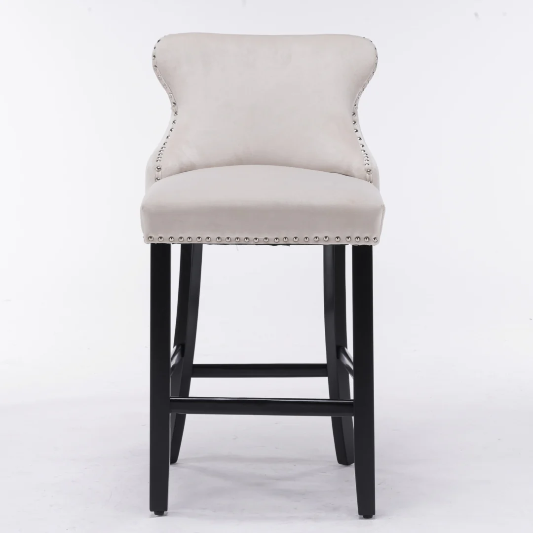 4x Velvet Upholstered Button Tufted Bar Stools with Wood Legs and Studs-Beige - Image 4