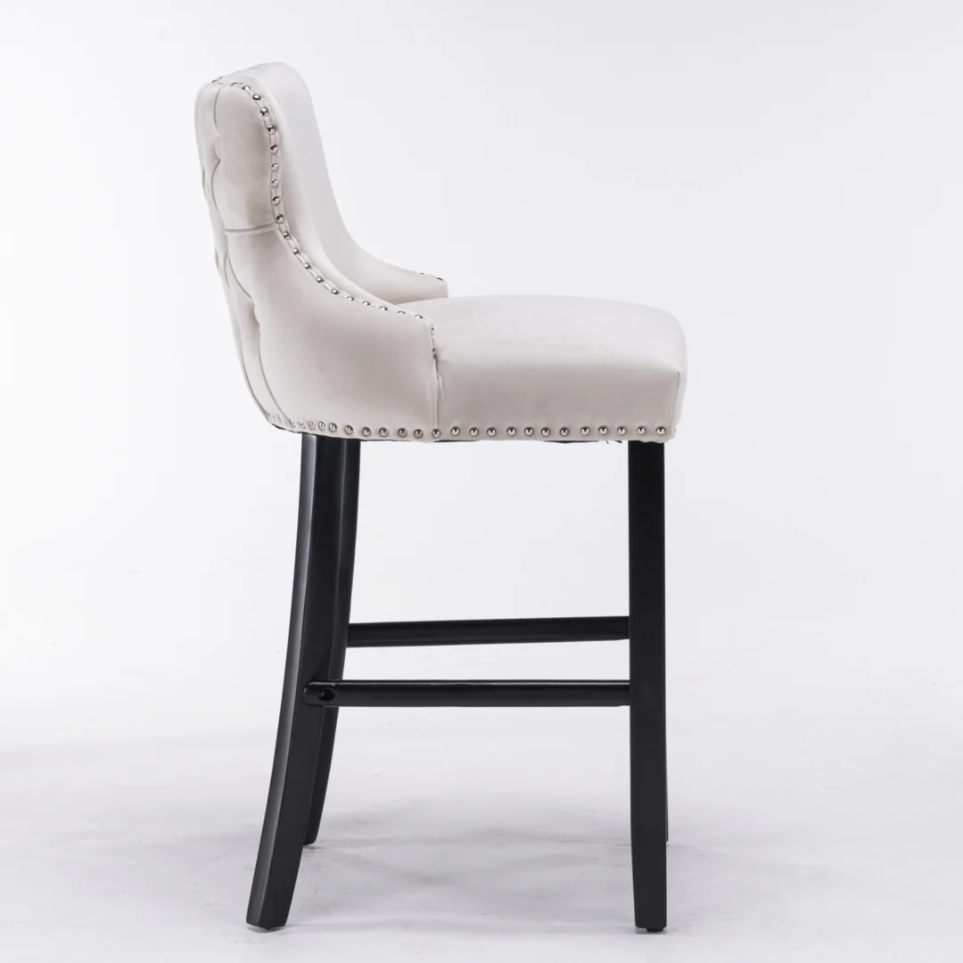 4x Velvet Upholstered Button Tufted Bar Stools with Wood Legs and Studs-Beige - Image 5