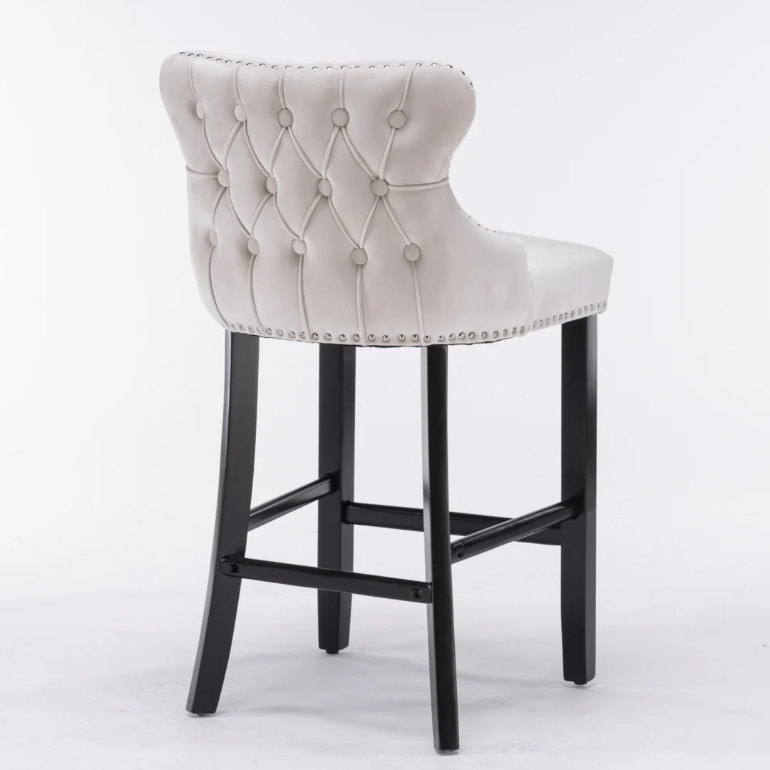 4x Velvet Upholstered Button Tufted Bar Stools with Wood Legs and Studs-Beige - Image 6