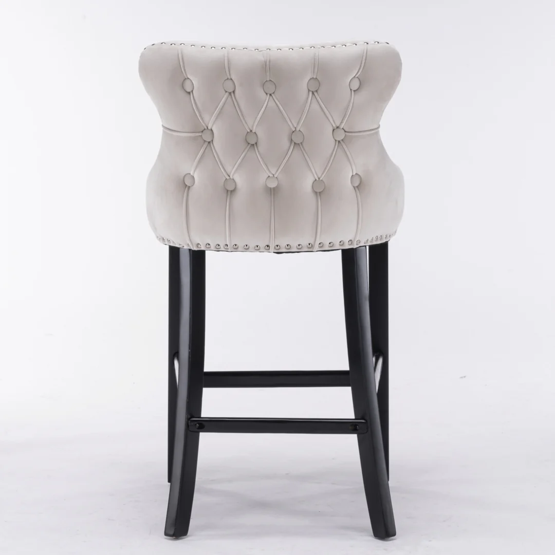 4x Velvet Upholstered Button Tufted Bar Stools with Wood Legs and Studs-Beige - Image 7