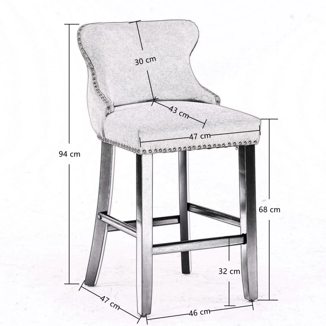 4x Velvet Upholstered Button Tufted Bar Stools with Wood Legs and Studs-Beige - Image 8