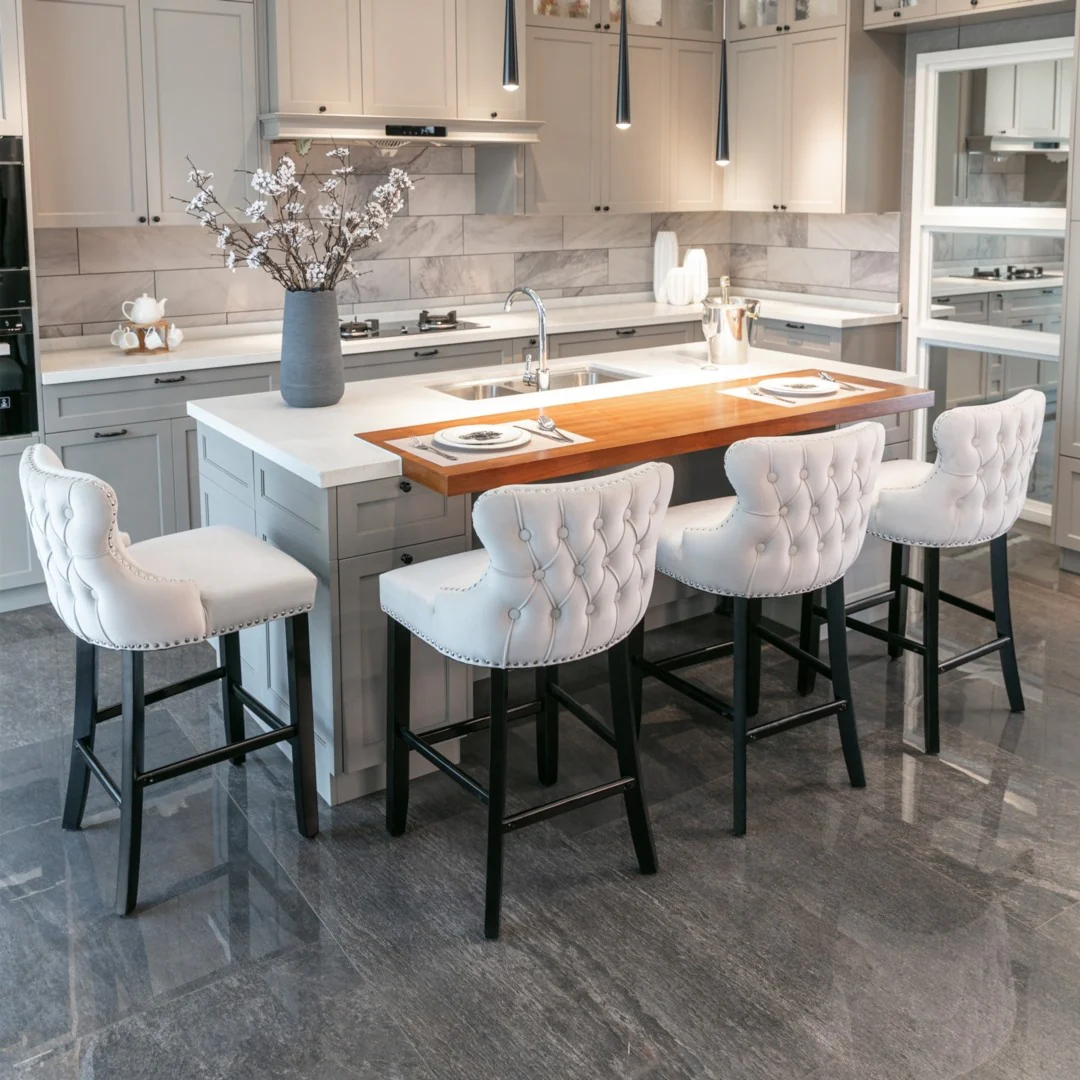 4x Velvet Upholstered Button Tufted Bar Stools with Wood Legs and Studs-Beige - Image 9