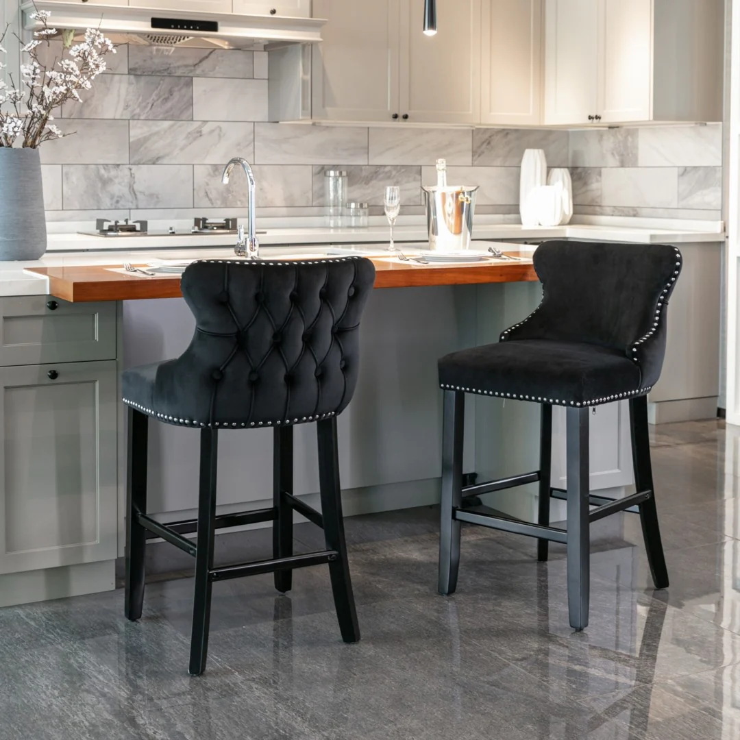 4x Velvet Upholstered Button Tufted Bar Stools with Wood Legs and Studs-Black - Image 10