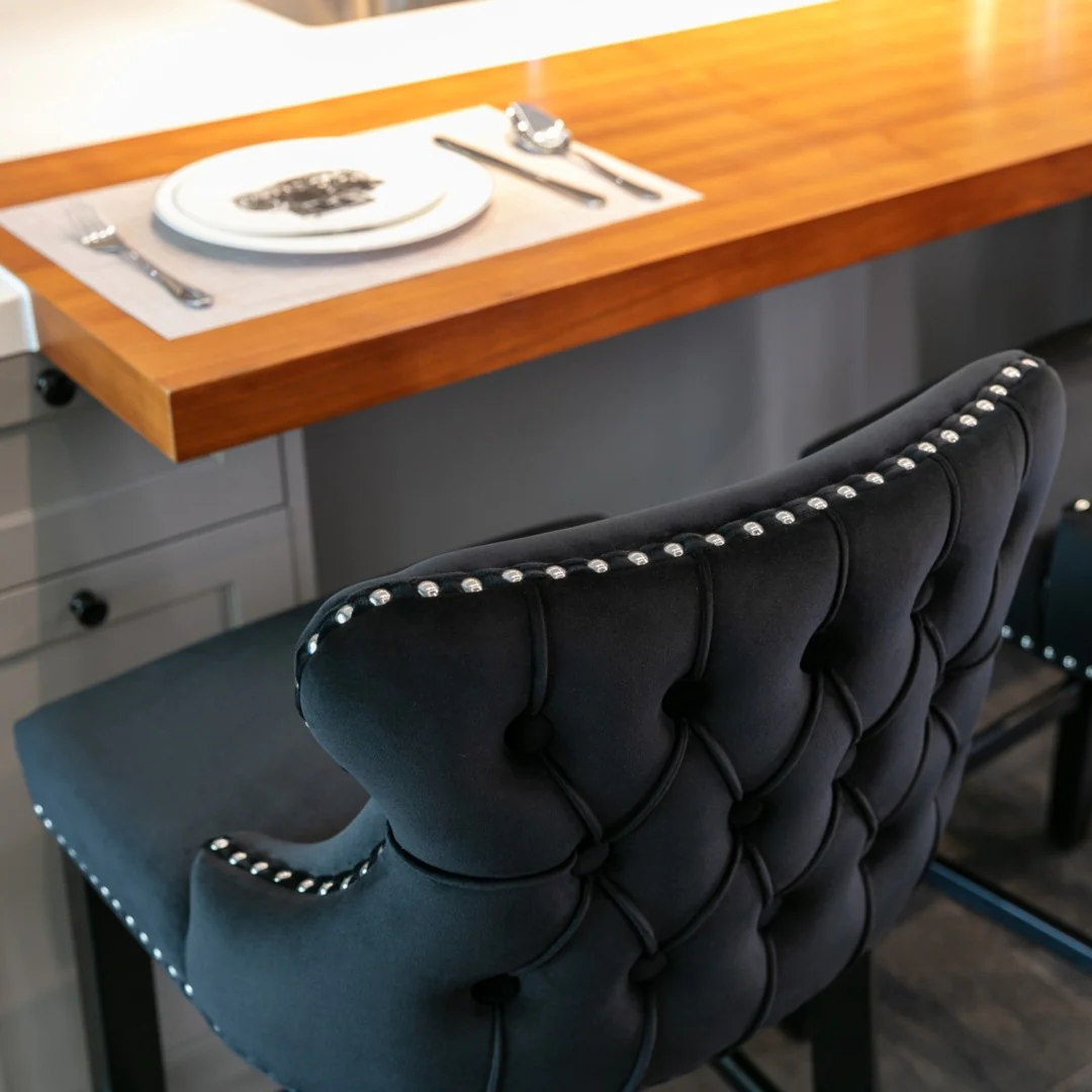 4x Velvet Upholstered Button Tufted Bar Stools with Wood Legs and Studs-Black - Image 11