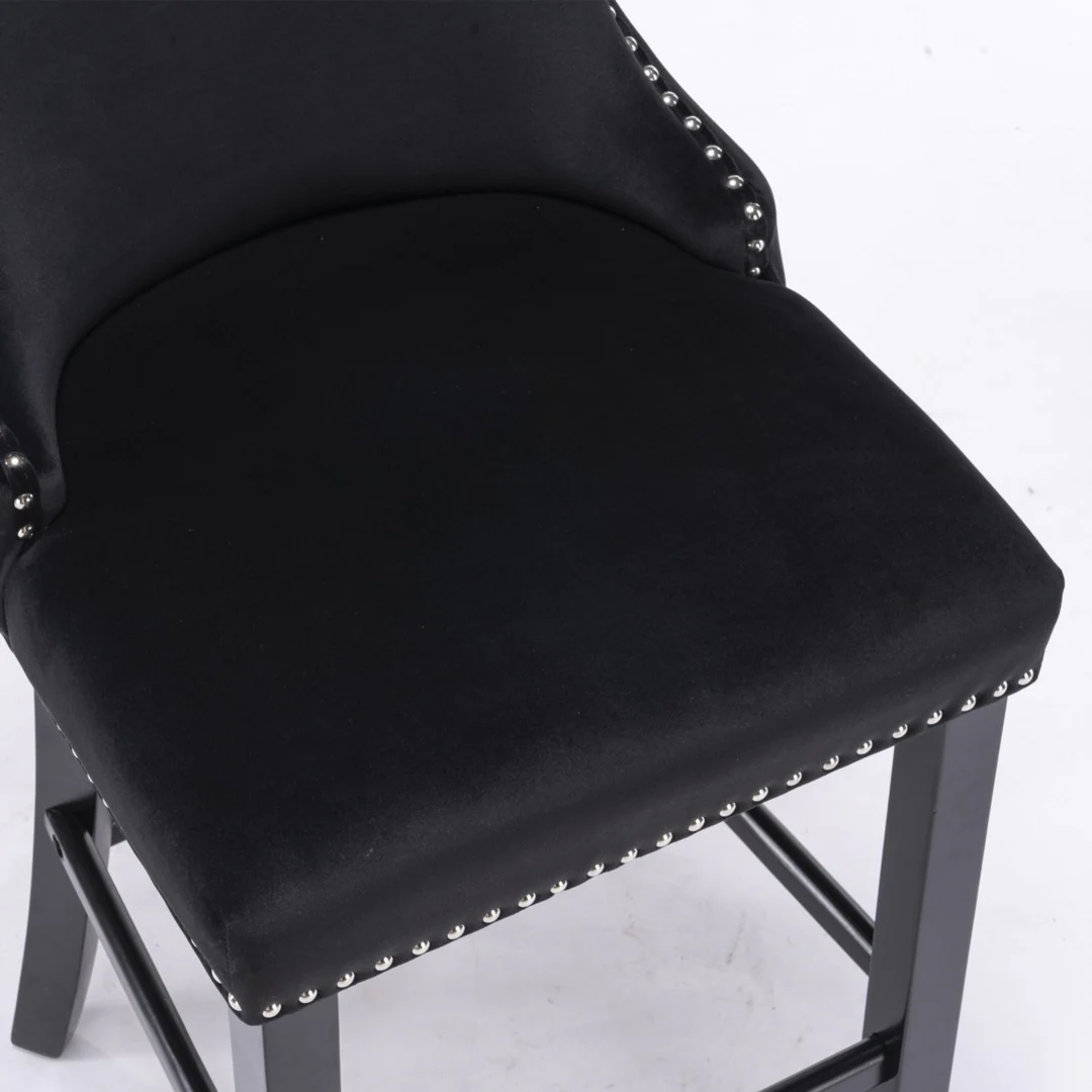 4x Velvet Upholstered Button Tufted Bar Stools with Wood Legs and Studs-Black - Image 12
