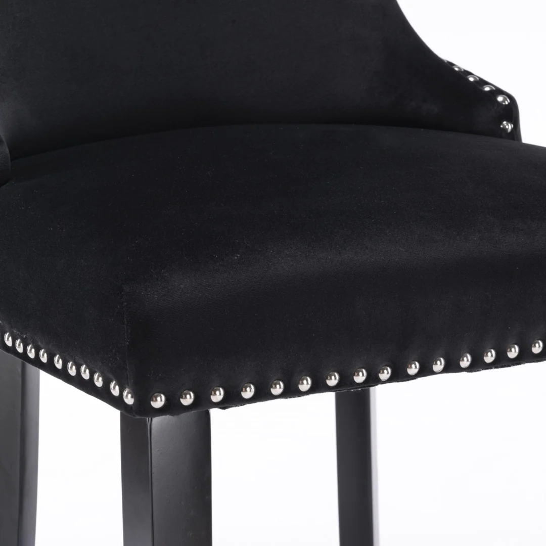 4x Velvet Upholstered Button Tufted Bar Stools with Wood Legs and Studs-Black - Image 14