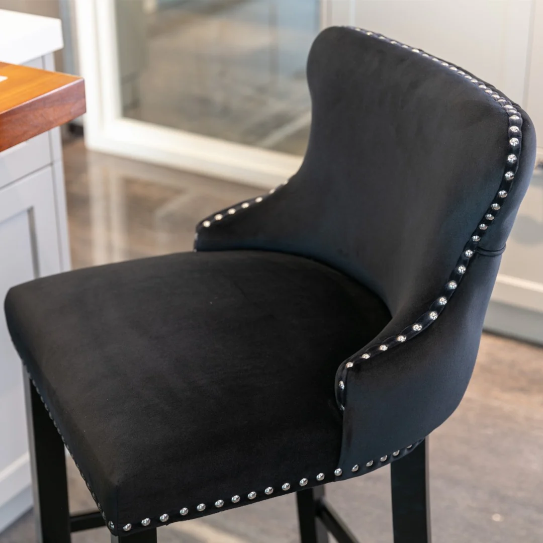 4x Velvet Upholstered Button Tufted Bar Stools with Wood Legs and Studs-Black - Image 15