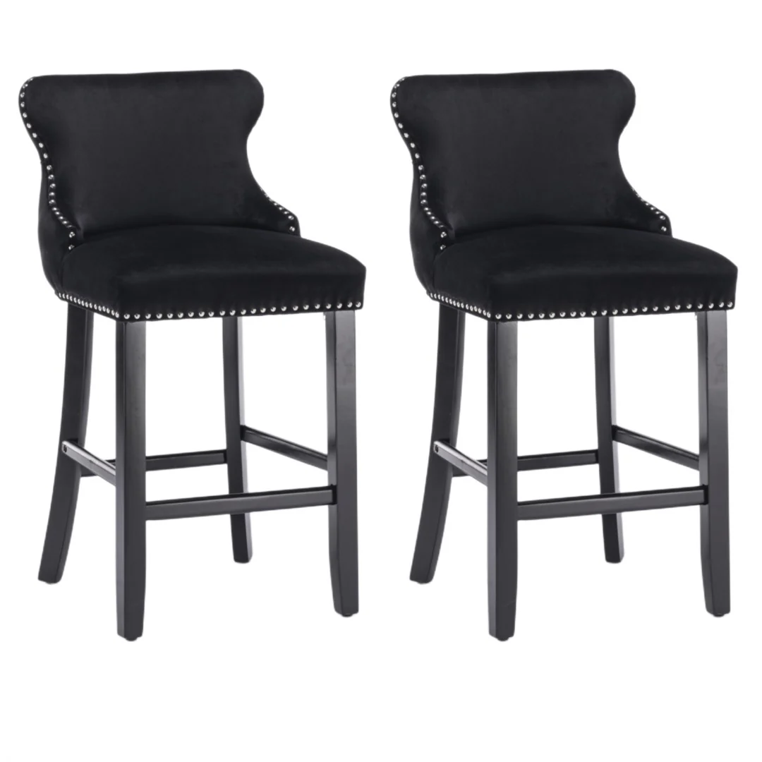 4x Velvet Upholstered Button Tufted Bar Stools with Wood Legs and Studs-Black - Image 2