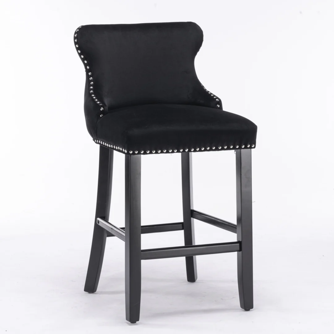 4x Velvet Upholstered Button Tufted Bar Stools with Wood Legs and Studs-Black - Image 3