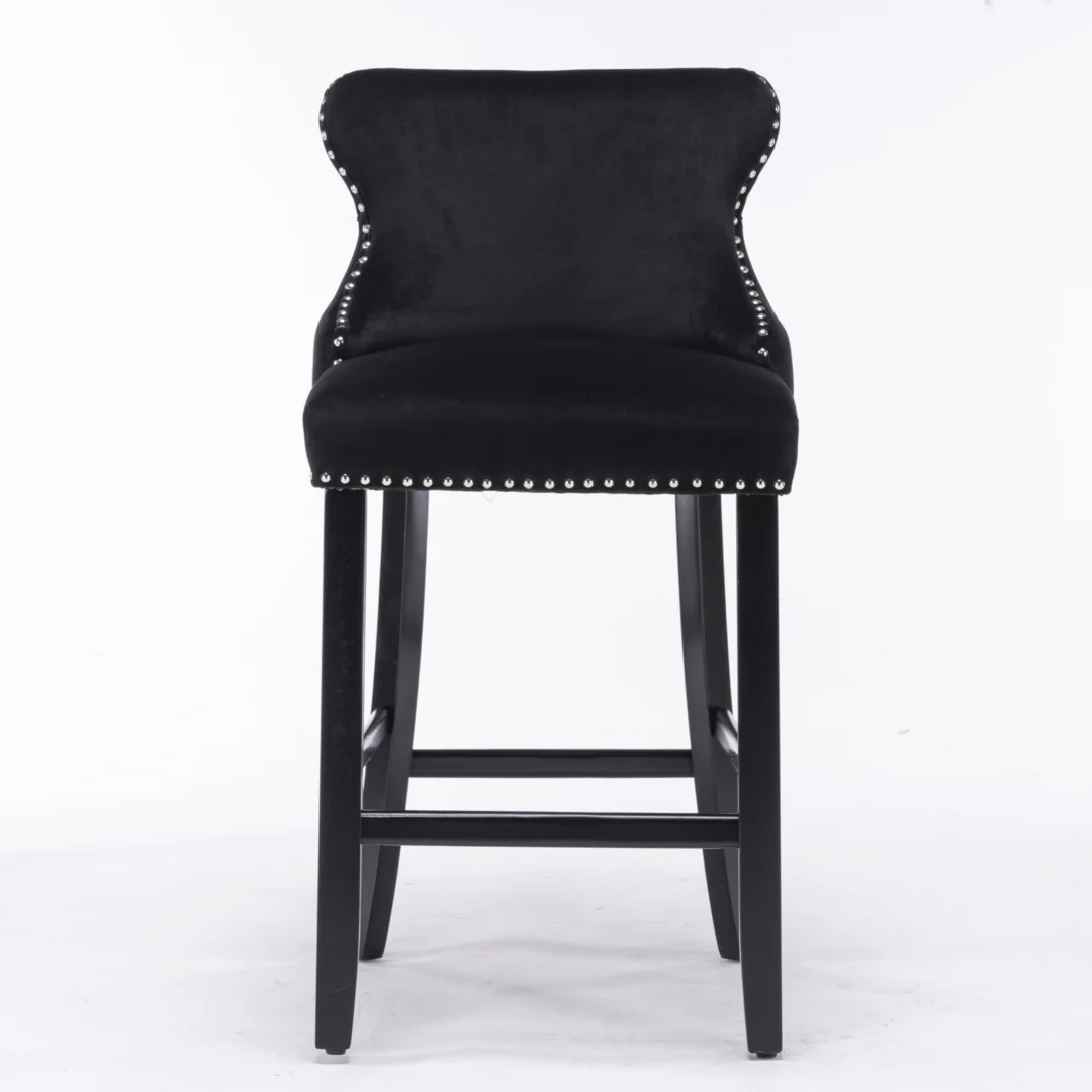 4x Velvet Upholstered Button Tufted Bar Stools with Wood Legs and Studs-Black - Image 4