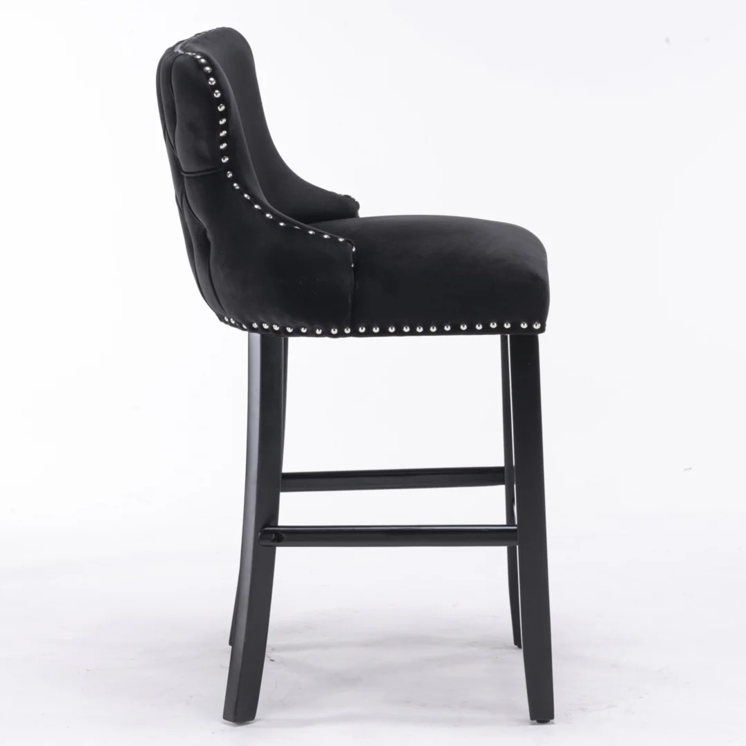 4x Velvet Upholstered Button Tufted Bar Stools with Wood Legs and Studs-Black - Image 5