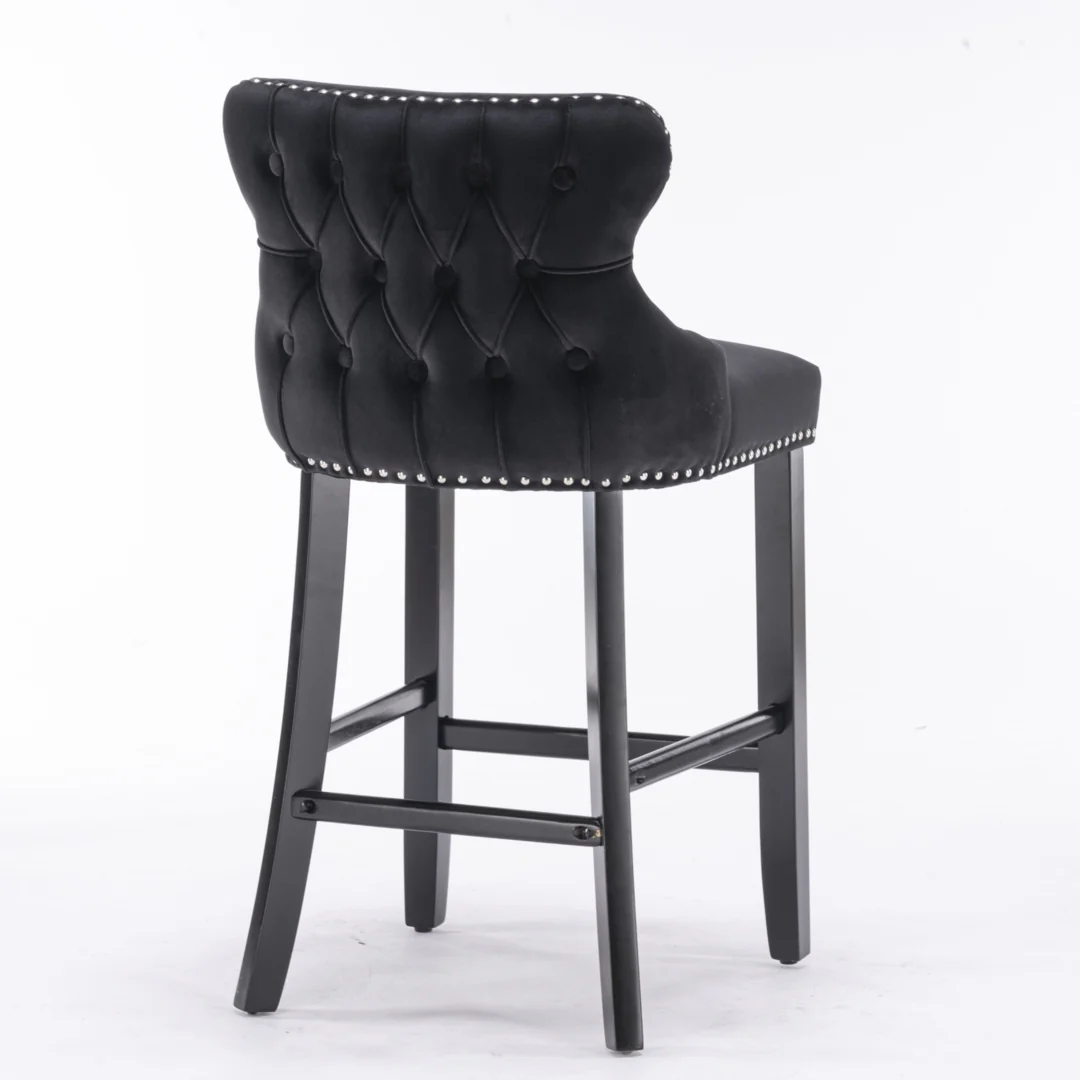 4x Velvet Upholstered Button Tufted Bar Stools with Wood Legs and Studs-Black - Image 6