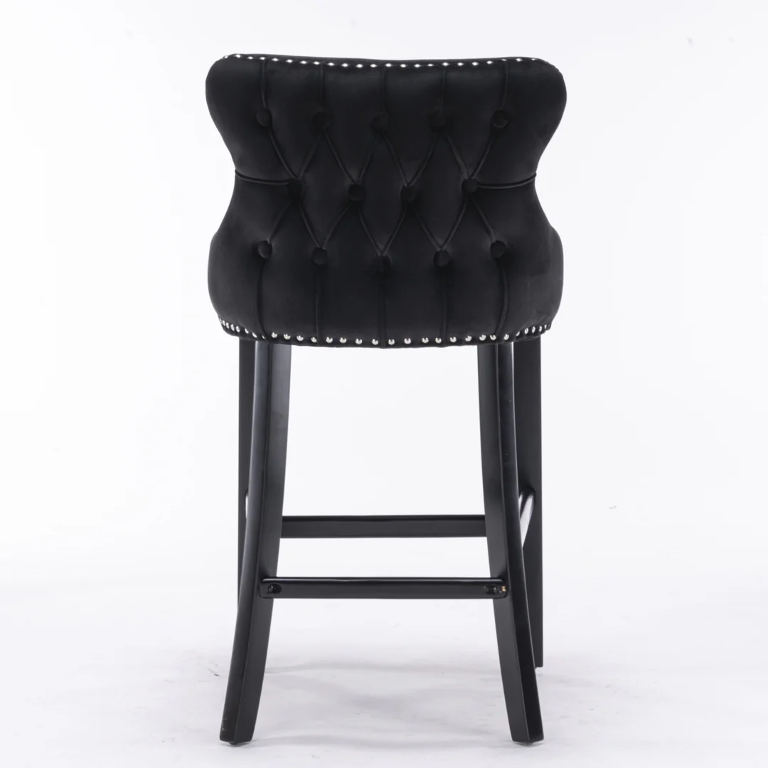 4x Velvet Upholstered Button Tufted Bar Stools with Wood Legs and Studs-Black - Image 7