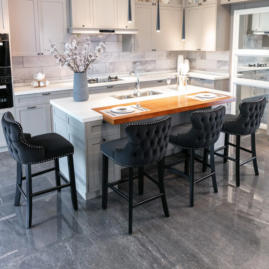 4x Velvet Upholstered Button Tufted Bar Stools with Wood Legs and Studs-Black - Image 9