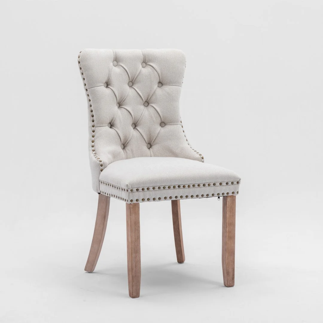 6x AADEN Modern Elegant Button-Tufted Upholstered Fabric with Studs Trim and Wooden legs Dining Side Chair-Beige - Image 3