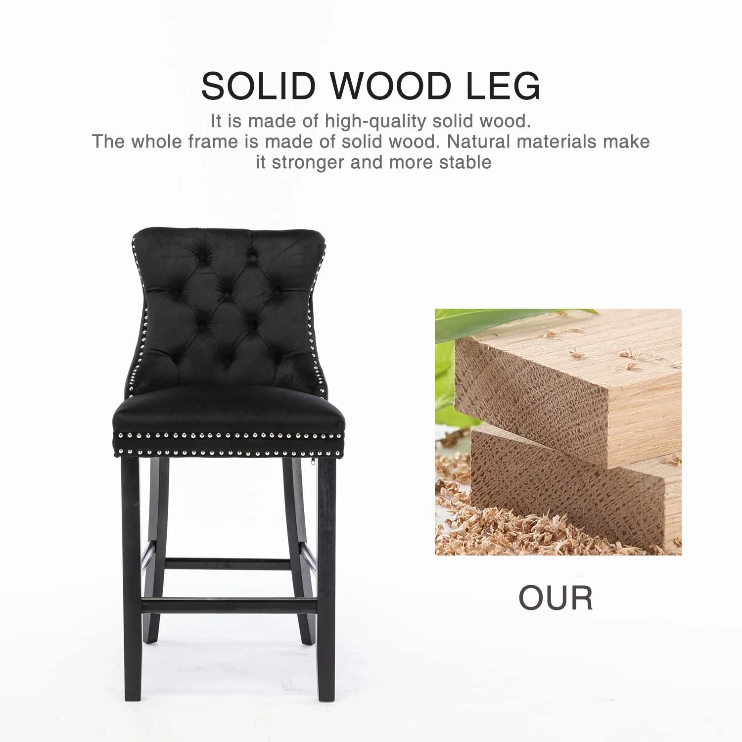 6X Velvet Bar Stools with Studs Trim Wooden Legs Tufted Dining Chairs Kitchen - Image 13
