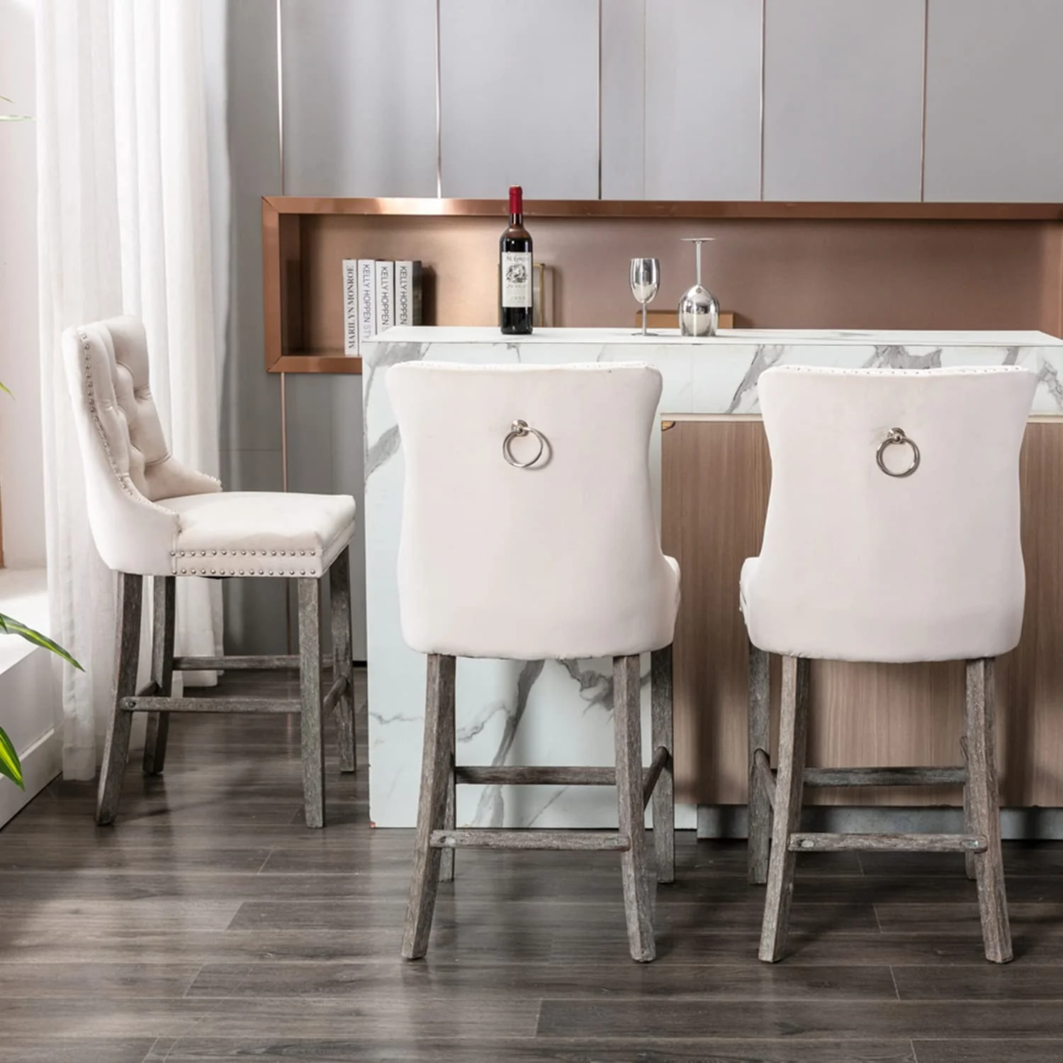 6X Velvet Bar Stools with Studs Trim Wooden Legs Tufted Dining Chairs Kitchen - Image 11