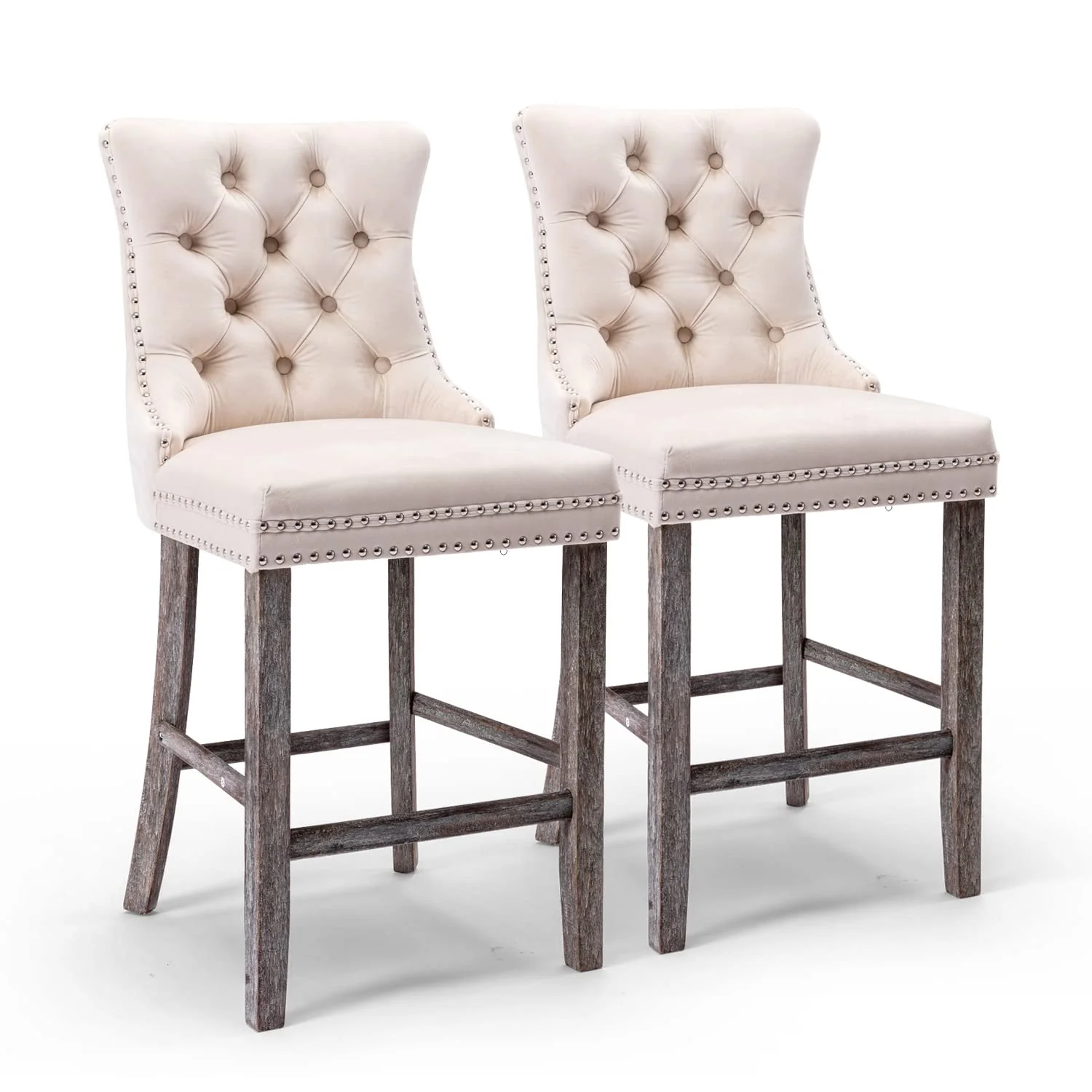 6X Velvet Bar Stools with Studs Trim Wooden Legs Tufted Dining Chairs Kitchen - Image 12