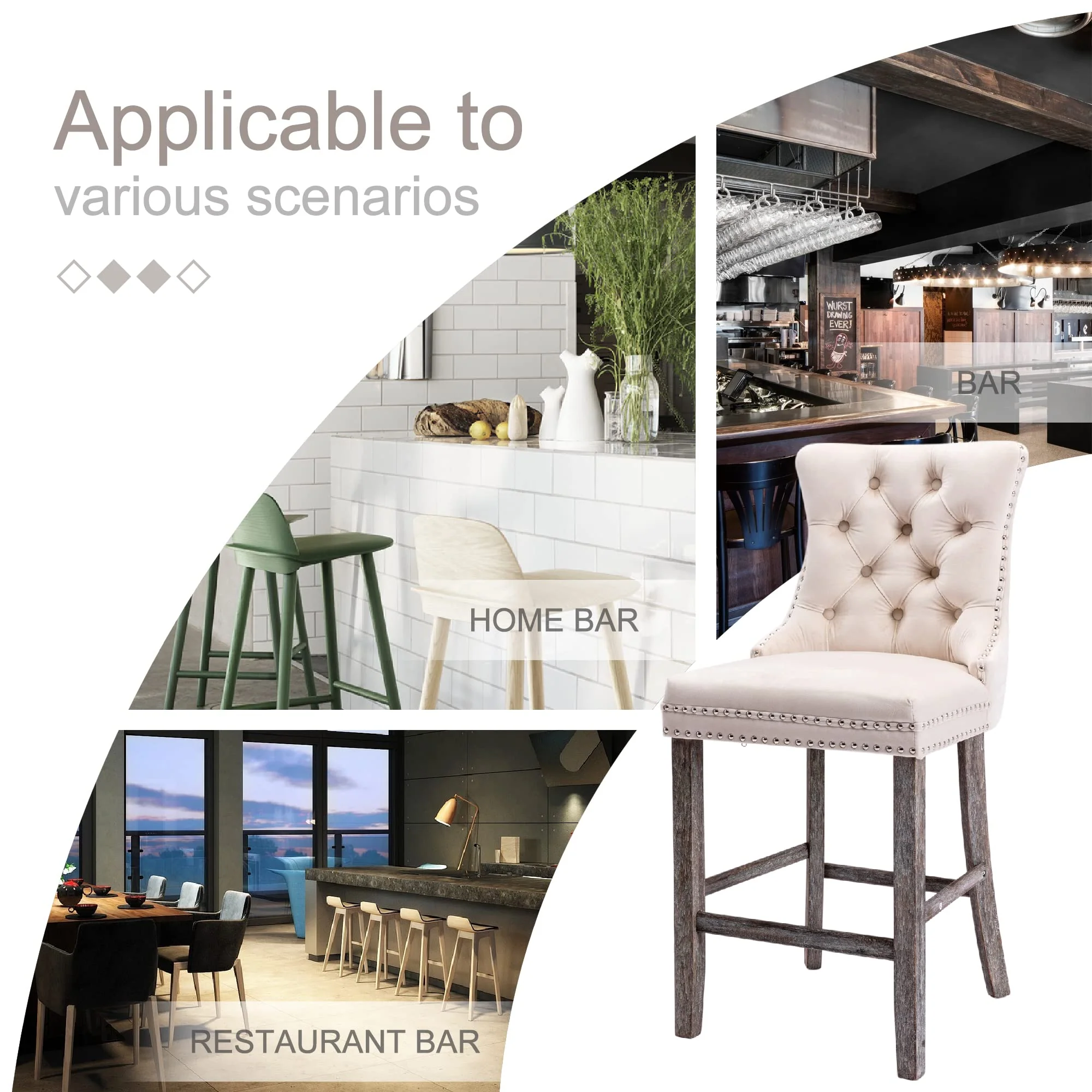6X Velvet Bar Stools with Studs Trim Wooden Legs Tufted Dining Chairs Kitchen - Image 13