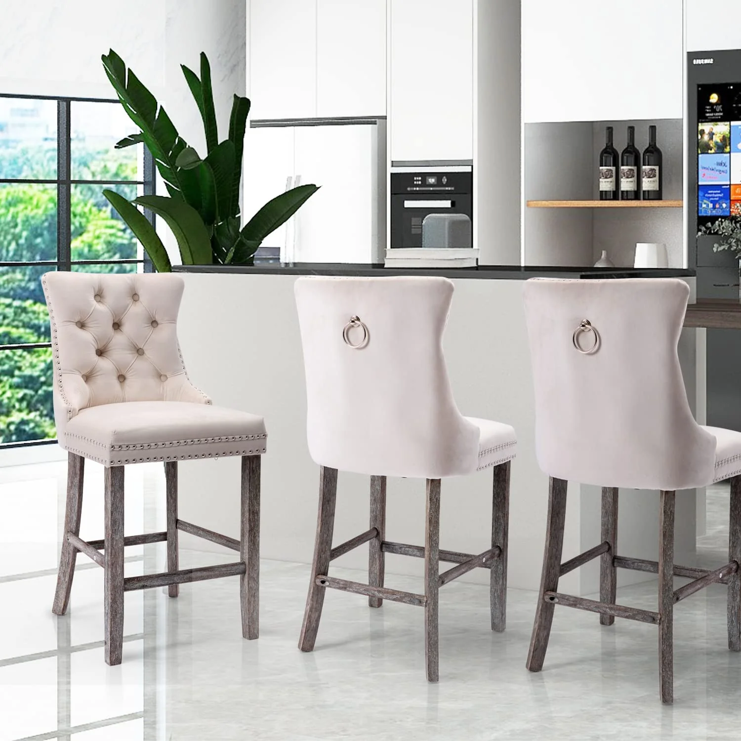 6X Velvet Bar Stools with Studs Trim Wooden Legs Tufted Dining Chairs Kitchen - Image 15