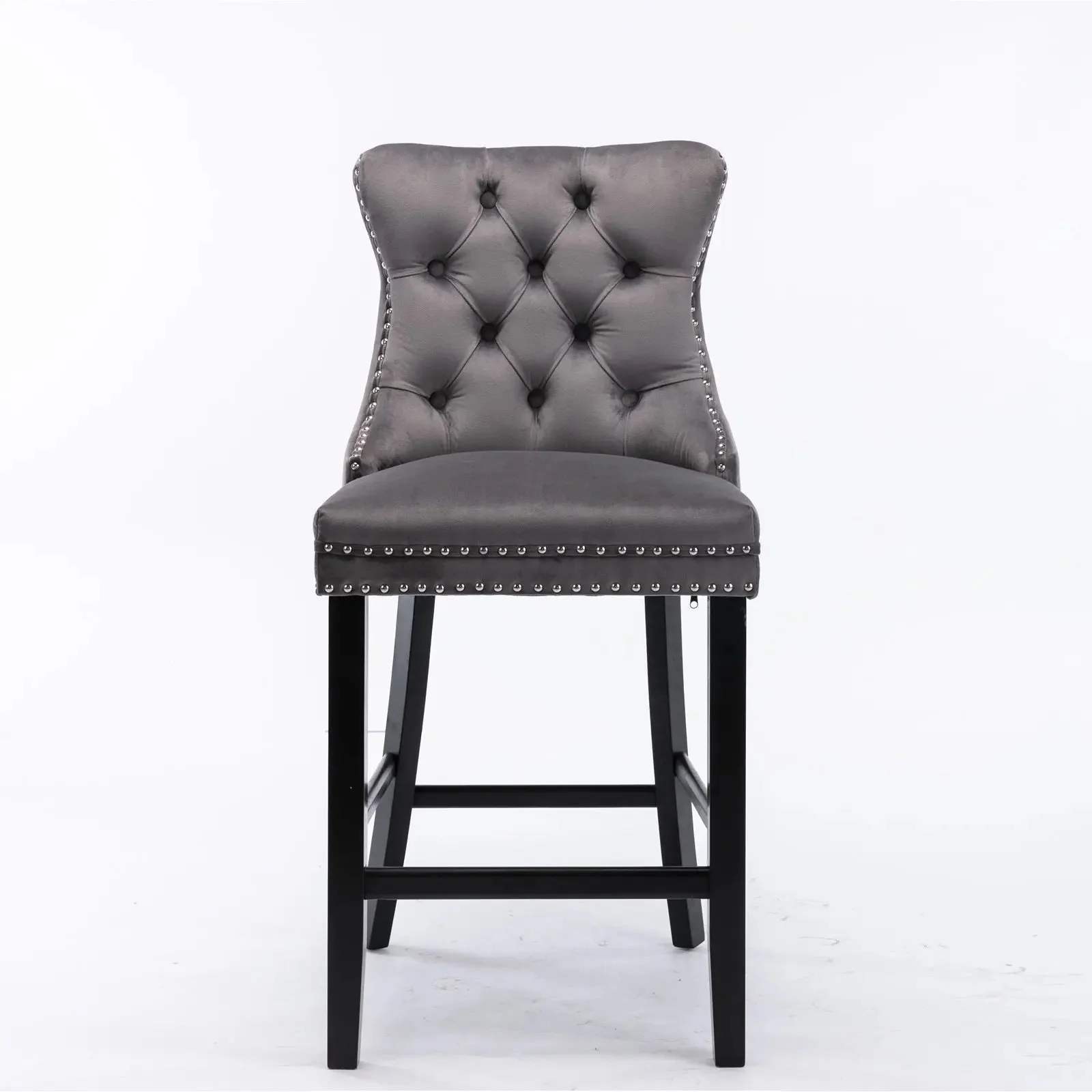 6X Velvet Bar Stools with Studs Trim Wooden Legs Tufted Dining Chairs Kitchen - Image 4