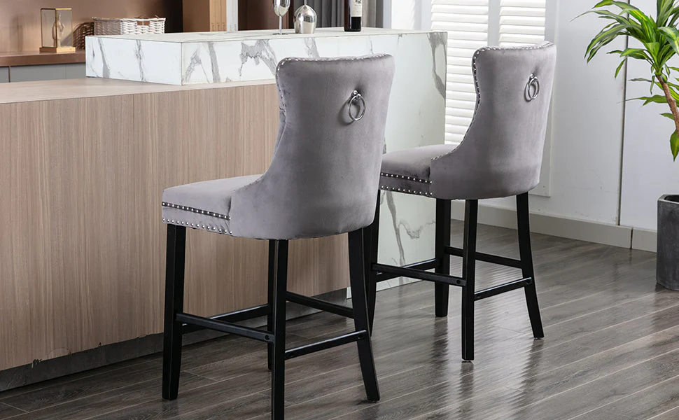 6X Velvet Bar Stools with Studs Trim Wooden Legs Tufted Dining Chairs Kitchen - Image 9
