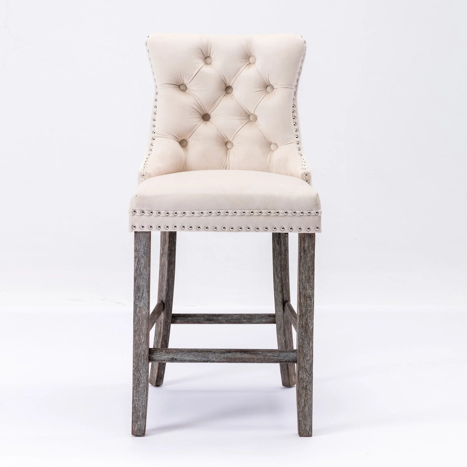 6X Velvet Bar Stools with Studs Trim Wooden Legs Tufted Dining Chairs Kitchen - Image 3