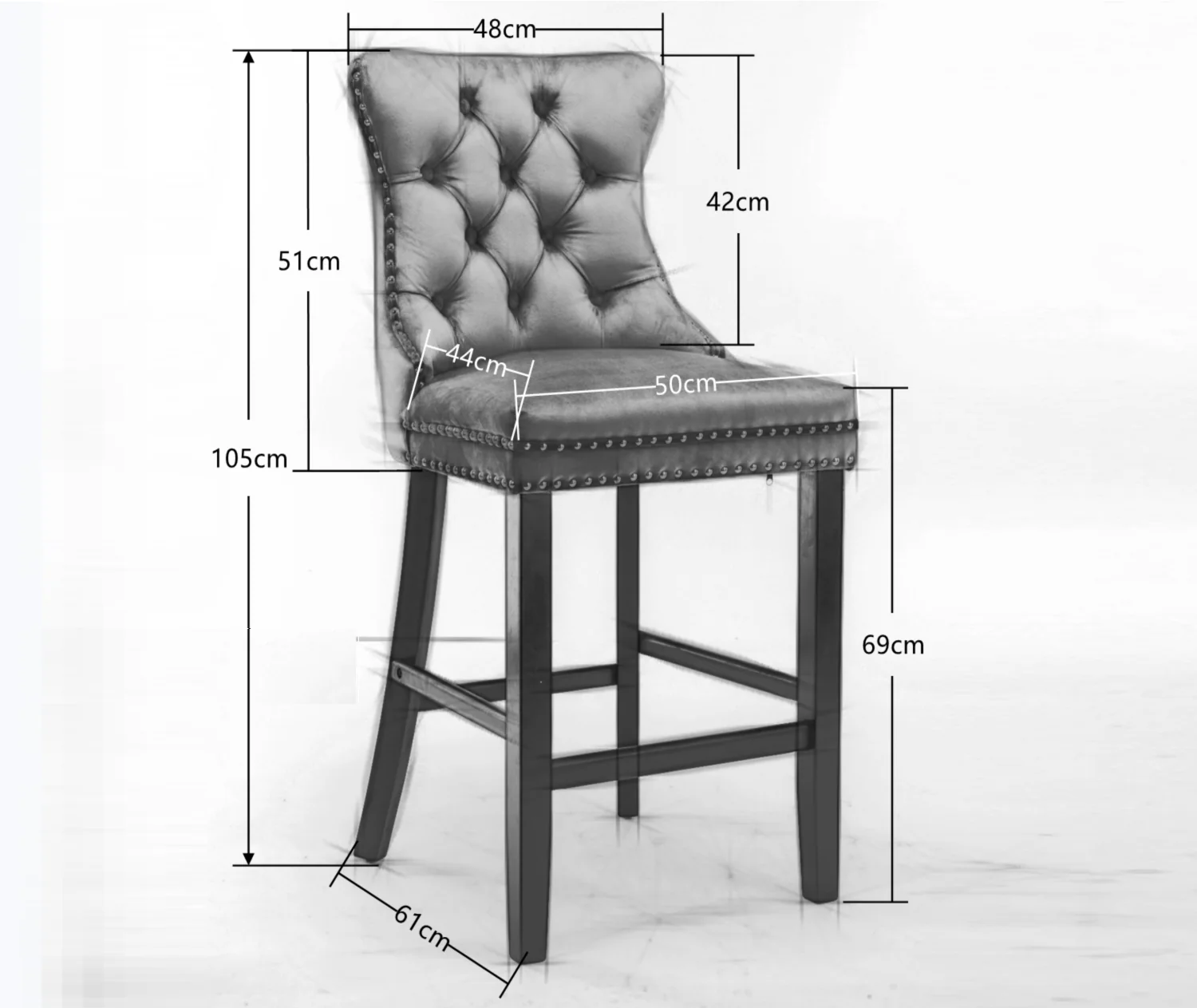 6X Velvet Bar Stools with Studs Trim Wooden Legs Tufted Dining Chairs Kitchen - Image 8