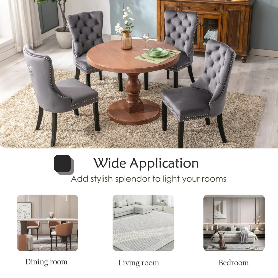 6x Velvet Dining Chairs Upholstered Tufted Kithcen Chair with Solid Wood Legs Stud Trim and Ring-Gray - Image 8