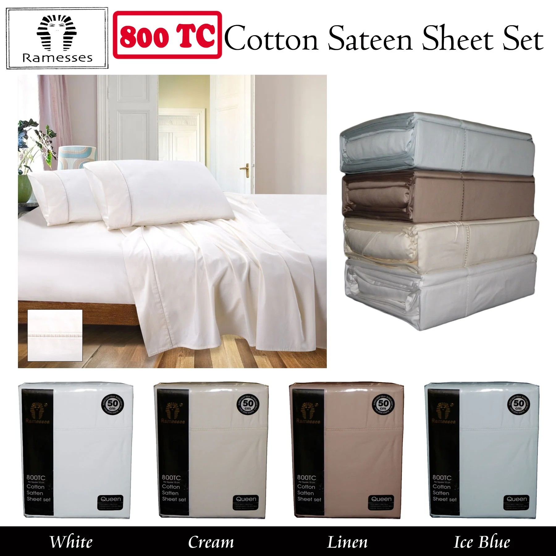 800TC Ramesses Cotton Sateen Sheet Set White King - Image 2