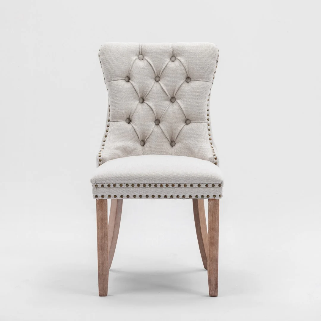 8x AADEN Modern Elegant Button-Tufted Upholstered Fabric with Studs Trim and Wooden legs Dining Side Chair-Beige - Image 4