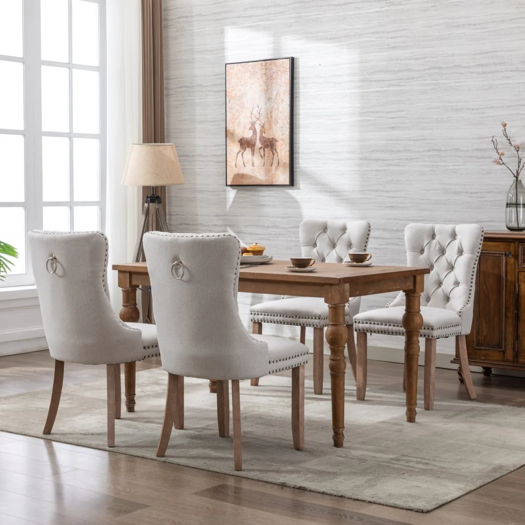 8x AADEN Modern Elegant Button-Tufted Upholstered Fabric with Studs Trim and Wooden legs Dining Side Chair-Beige - Image 9
