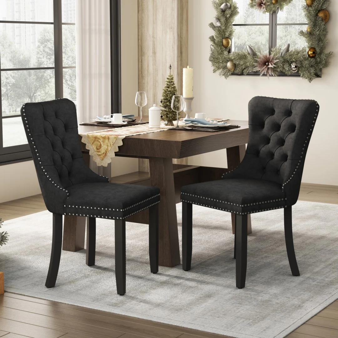 8x Velvet Dining Chairs Upholstered Tufted Kithcen Chair with Solid Wood Legs Stud Trim and Ring-Black - Image 10