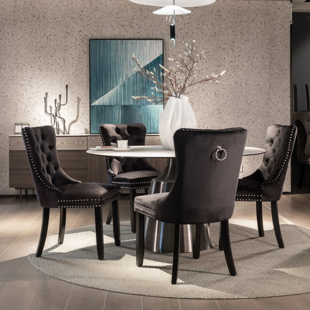 8x Velvet Dining Chairs Upholstered Tufted Kithcen Chair with Solid Wood Legs Stud Trim and Ring-Black - Image 11