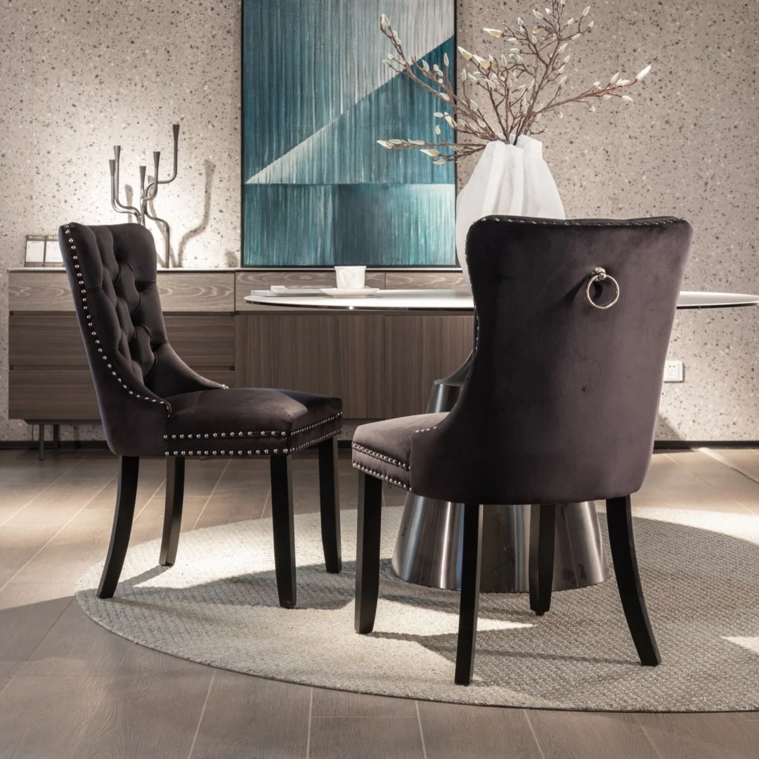 8x Velvet Dining Chairs Upholstered Tufted Kithcen Chair with Solid Wood Legs Stud Trim and Ring-Black - Image 12
