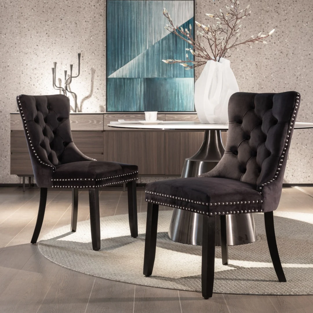 8x Velvet Dining Chairs Upholstered Tufted Kithcen Chair with Solid Wood Legs Stud Trim and Ring-Black - Image 13