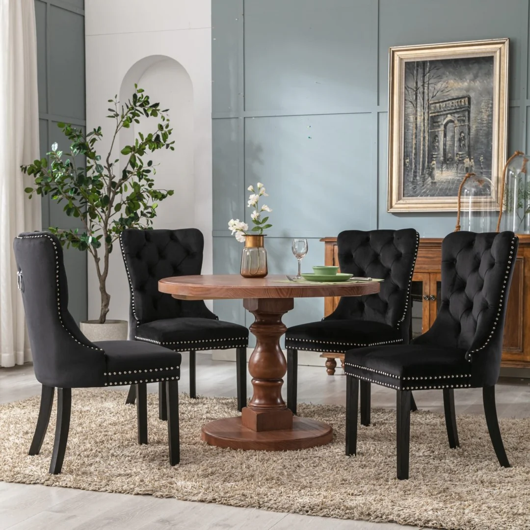 8x Velvet Dining Chairs Upholstered Tufted Kithcen Chair with Solid Wood Legs Stud Trim and Ring-Black - Image 14