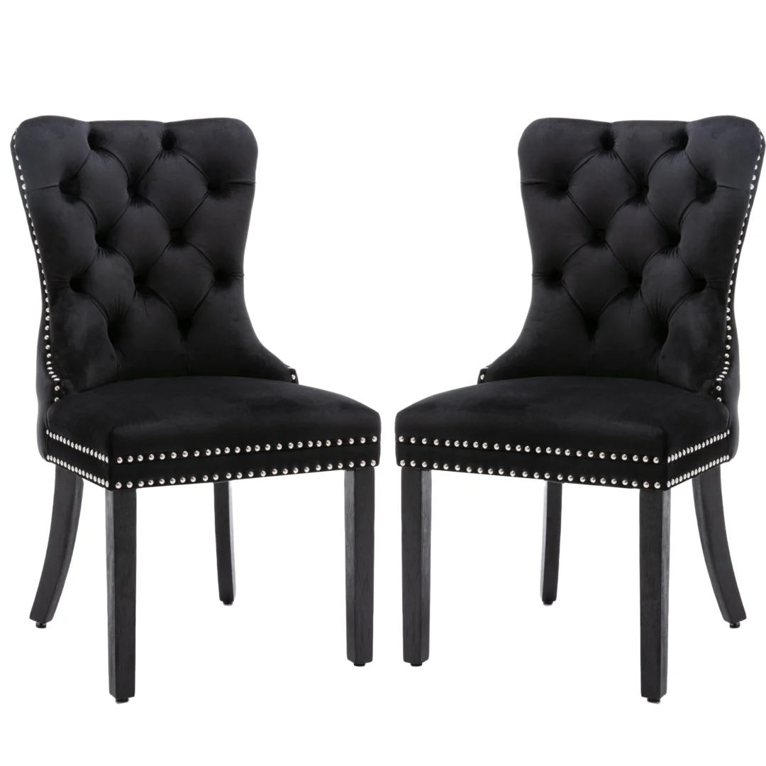 8x Velvet Dining Chairs Upholstered Tufted Kithcen Chair with Solid Wood Legs Stud Trim and Ring-Black - Image 2