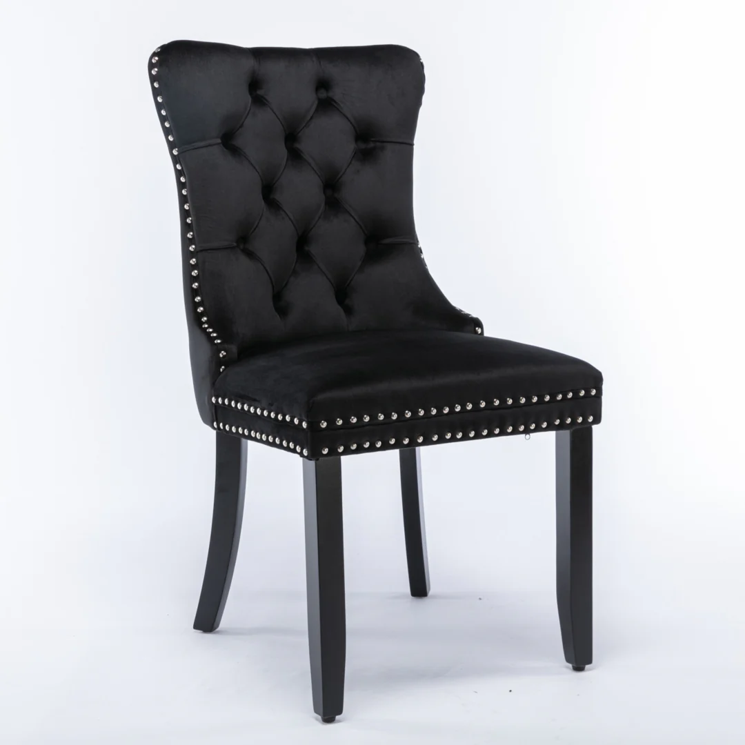 8x Velvet Dining Chairs Upholstered Tufted Kithcen Chair with Solid Wood Legs Stud Trim and Ring-Black - Image 3