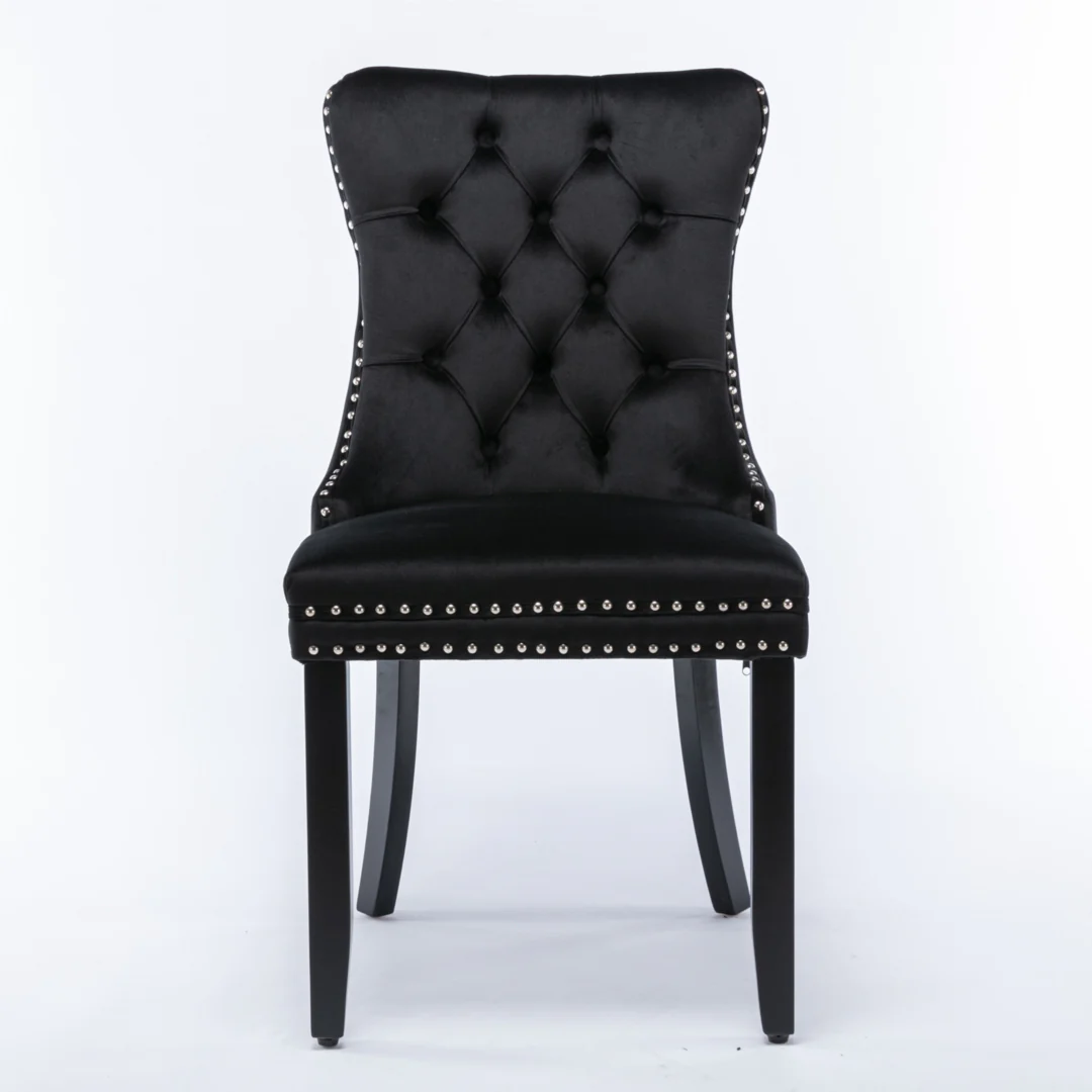 8x Velvet Dining Chairs Upholstered Tufted Kithcen Chair with Solid Wood Legs Stud Trim and Ring-Black - Image 4