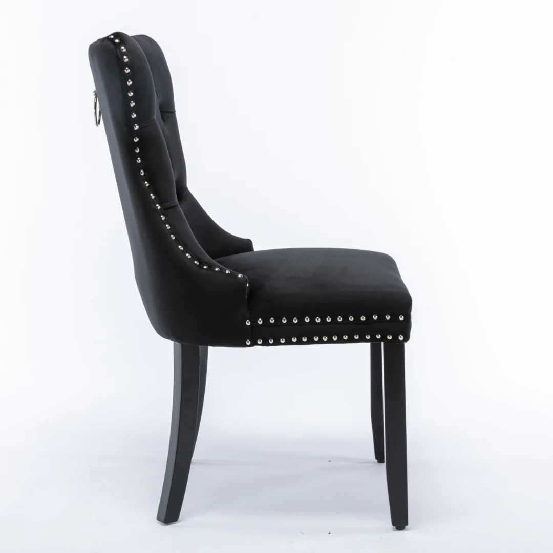 8x Velvet Dining Chairs Upholstered Tufted Kithcen Chair with Solid Wood Legs Stud Trim and Ring-Black - Image 5