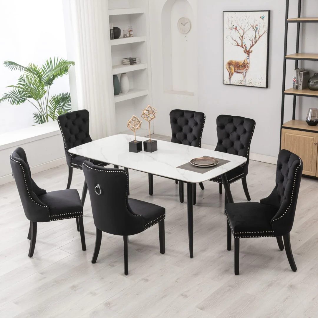 8x Velvet Dining Chairs Upholstered Tufted Kithcen Chair with Solid Wood Legs Stud Trim and Ring-Black - Image 8