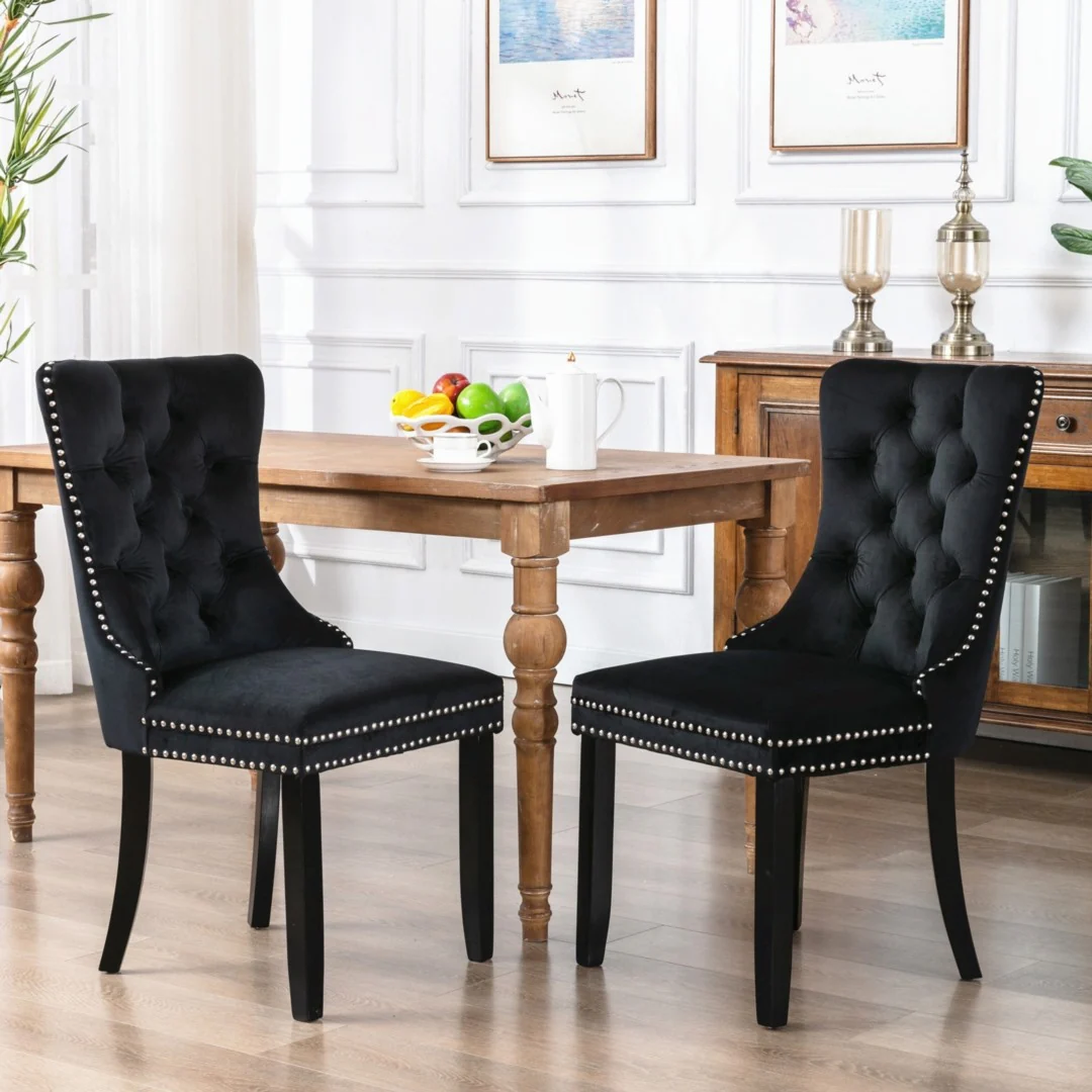 8x Velvet Dining Chairs Upholstered Tufted Kithcen Chair with Solid Wood Legs Stud Trim and Ring-Black - Image 9