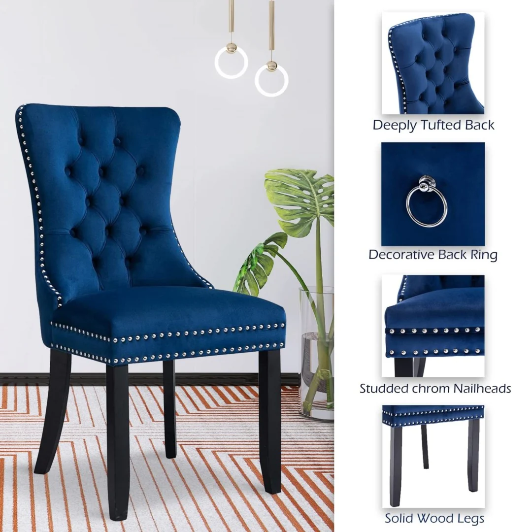 8x Velvet Dining Chairs Upholstered Tufted Kithcen Chair with Solid Wood Legs Stud Trim and Ring-Blue - Image 7