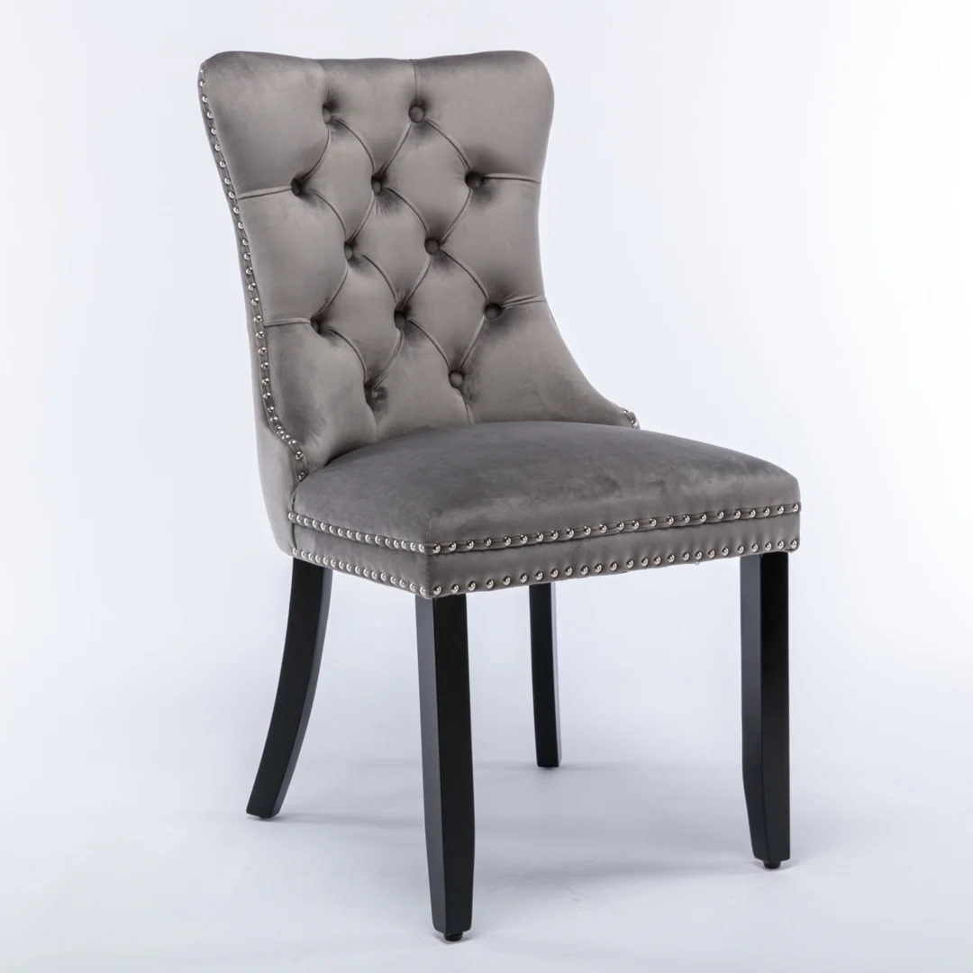 8x Velvet Dining Chairs Upholstered Tufted Kithcen Chair with Solid Wood Legs Stud Trim and Ring-Gray - Image 3
