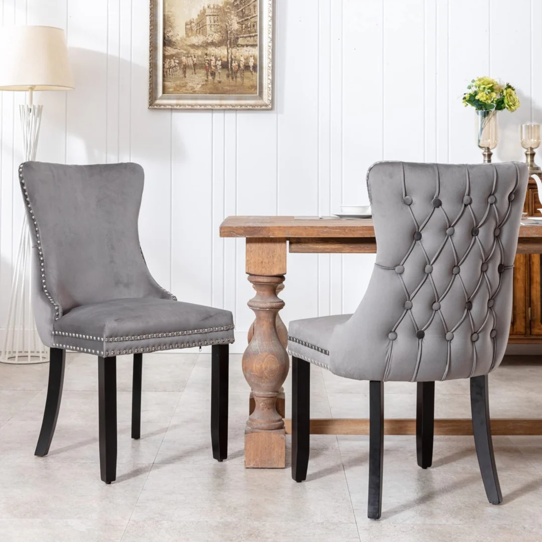 8x Velvet Upholstered Dining Chairs Tufted Wingback Side Chair with Studs Trim Solid Wood Legs for Kitchen - Image 11