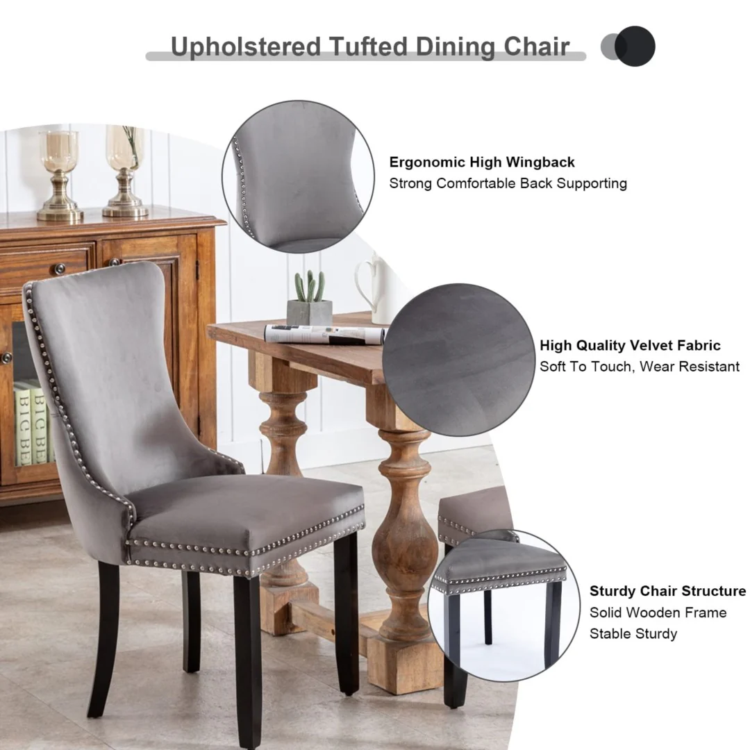8x Velvet Upholstered Dining Chairs Tufted Wingback Side Chair with Studs Trim Solid Wood Legs for Kitchen - Image 8